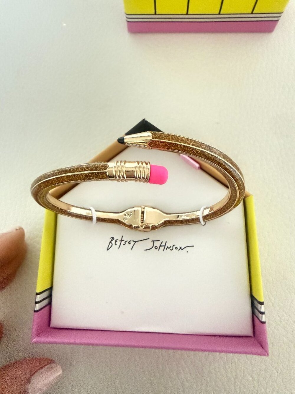 Betsey Johnson Pencil Hinged Bangle Bracelet Gold glitter Tone Teacher Gift